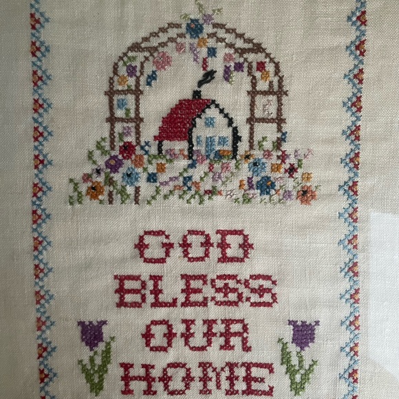 Vintage Vogart Colonial Sampler God Bless Our Home Embroidered Cross Stitch 1940 - Picture 2 of 4